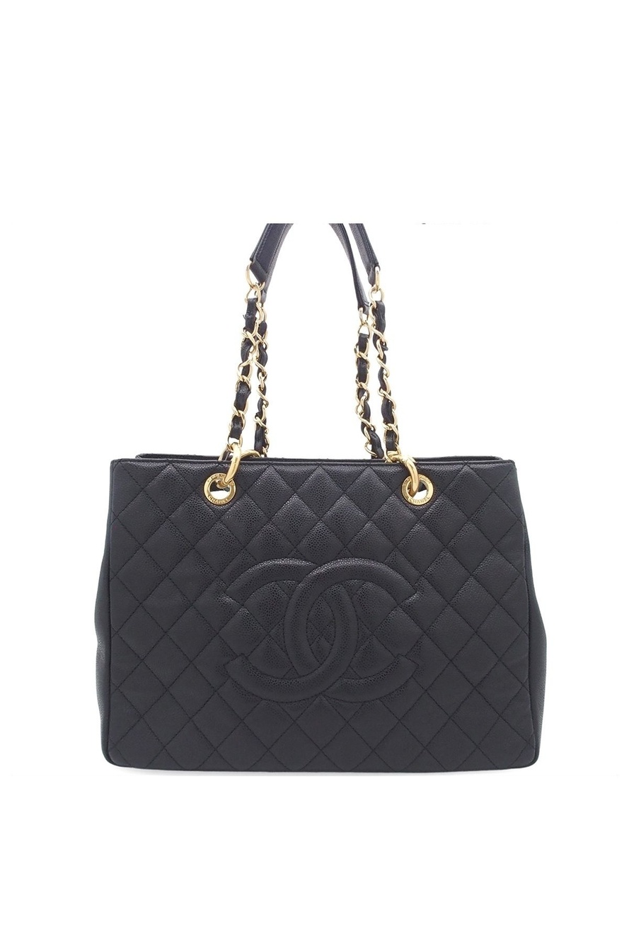 Chanel Tote Bag Black Gold Caviar Leather Grand Shopping GST Quilted Single